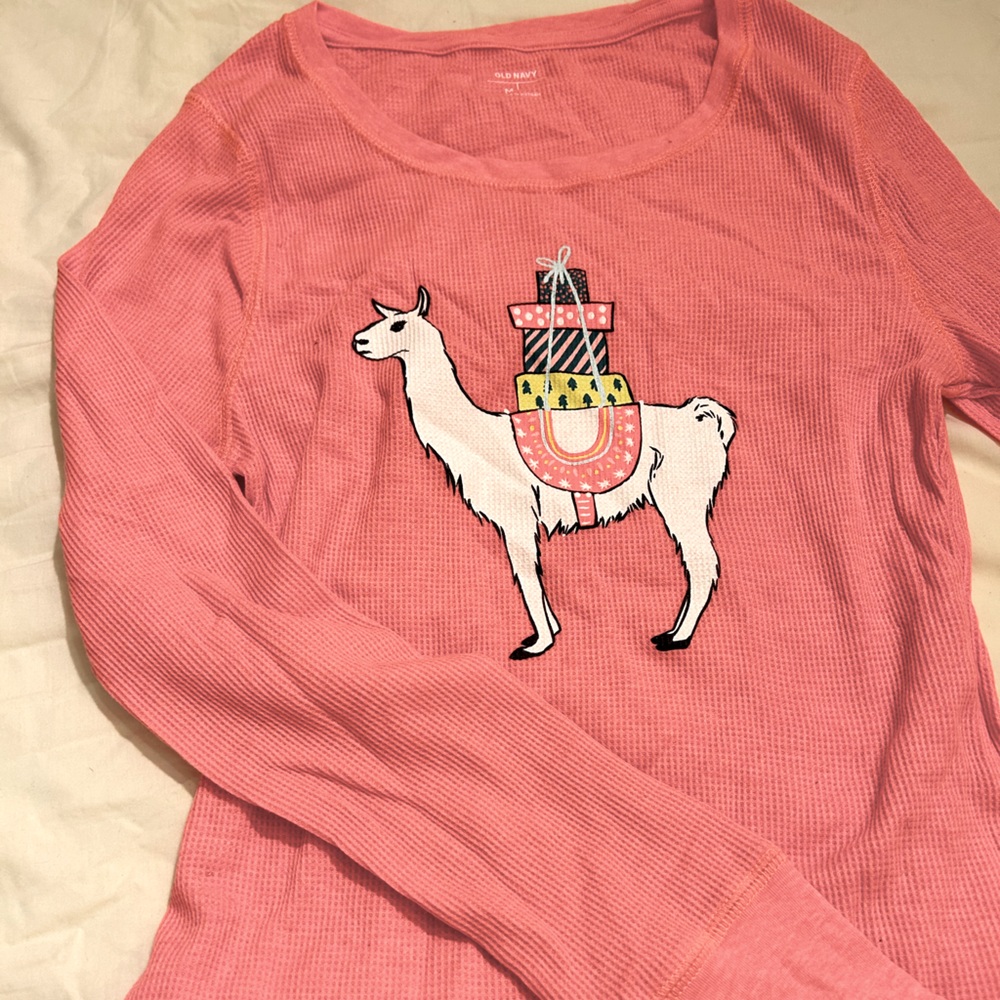 Bright pink llama holiday thermal shirt